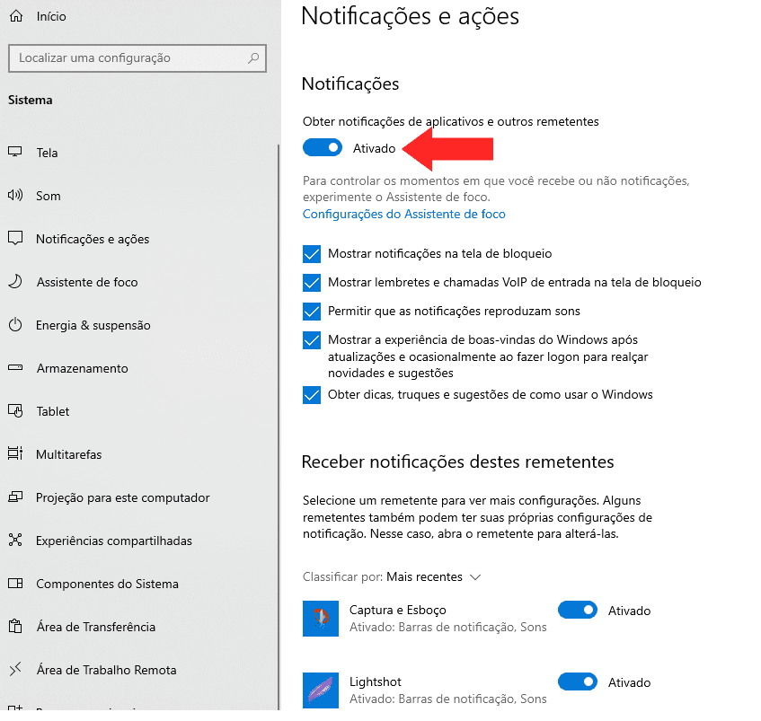 Notificações de Popup Windows 10