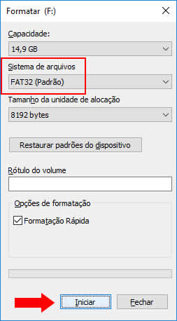 Escolhendo sistema de arquivos FAT32