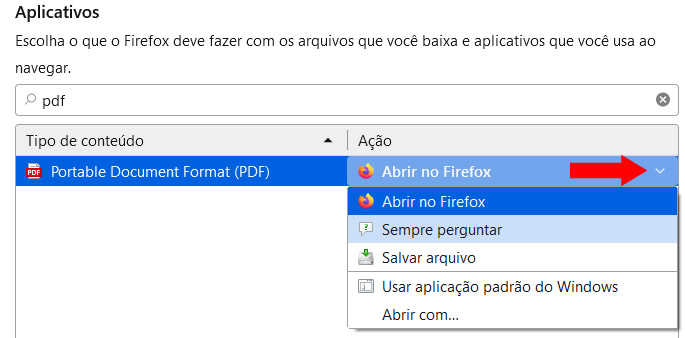 Opção de Aplicativos no Firefox